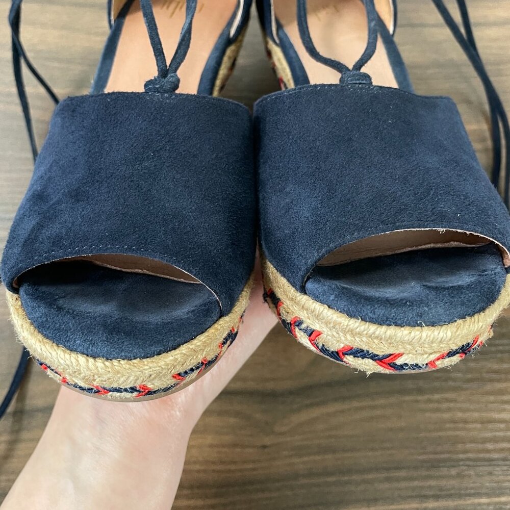 Cabi Wrap Lace-Up Blue Suede Leather Espadrille Aztec Wedge Heel Women's 5M - Picture 6 of 15